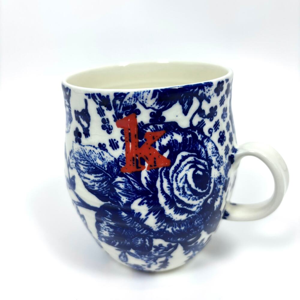 Anthropologie Homegrown Monogram Mug Initial k Coffee Cup Floral Rose Bird